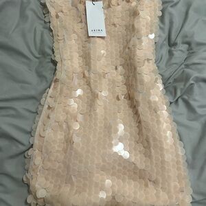 AKIRA Cream Strapless Sequin Bodycon Dress
